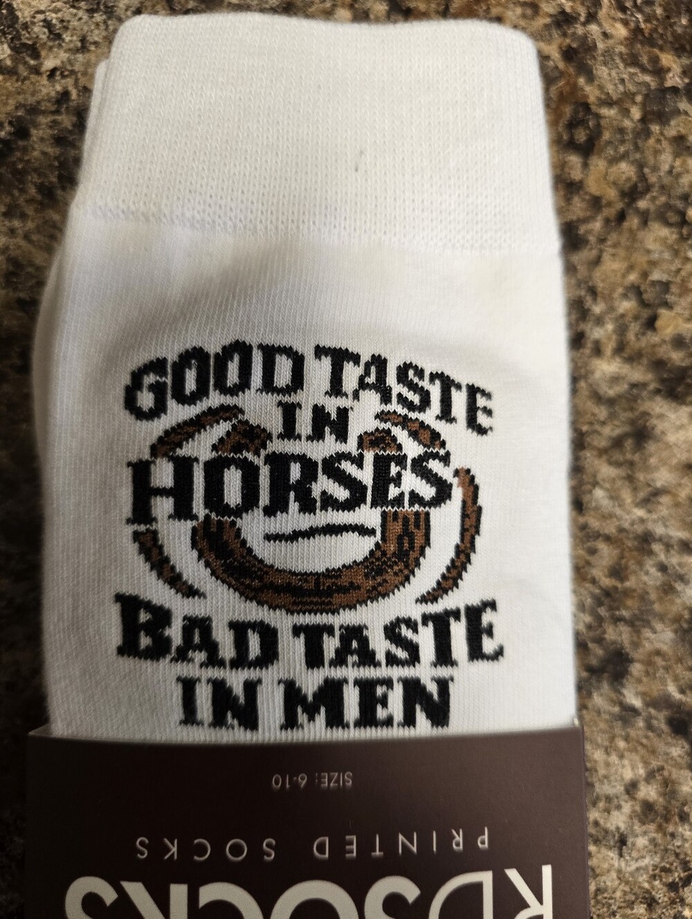 RD White Novelty Crew Socks with Brown Horseshoe Graphic